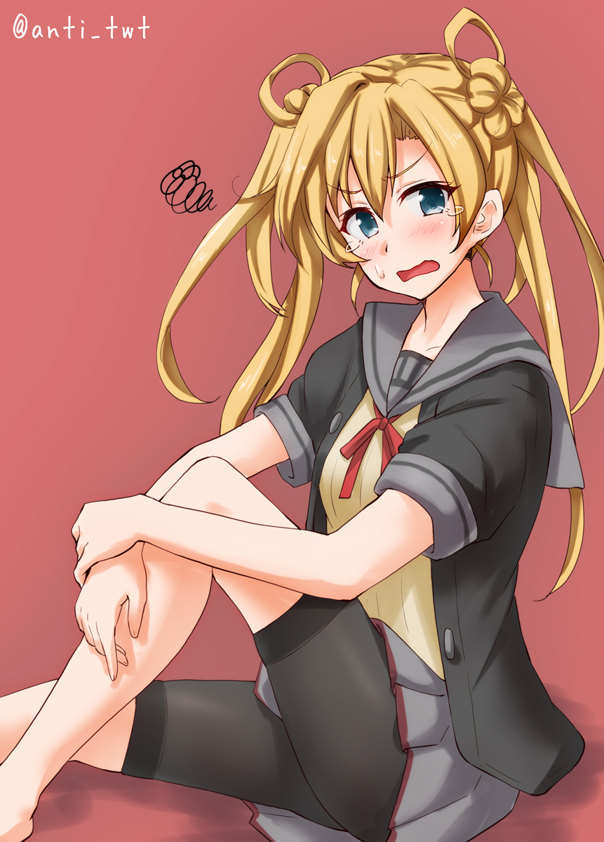 1girl abukuma_(kantai_collection) anti_(untea9) bike_shorts black_gloves black_jacket blonde_hair blue_eyes commentary_request double_bun feet_out_of_frame gloves grey_sailor_collar grey_skirt hair_rings highres jacket kantai_collection long_hair looking_at_viewer neck_ribbon open_mouth partly_fingerless_gloves red_background red_ribbon remodel_(kantai_collection) ribbon sailor_collar shorts shorts_under_skirt simple_background sitting skirt solo twitter_username