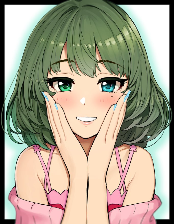 1girl bangs bare_shoulders blue_eyes blue_nails blush cardigan collarbone eyelashes green_eyes green_hair grin hands_on_own_cheeks hands_on_own_face heterochromia idolmaster idolmaster_cinderella_girls looking_at_viewer mole mole_under_eye nail_polish off_shoulder omaru_gyuunyuu open_cardigan open_clothes pink_camisole pink_sweater short_hair smile solo sweater swept_bangs takagaki_kaede white_background
