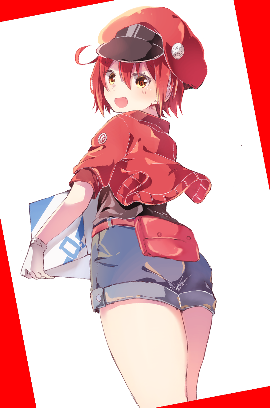 1girl :d ae-3803 ass bangs black_shirt blue_shorts blush box brown_eyes cabbie_hat cardboard_box character_name eyebrows_visible_through_hair from_behind gloves hair_between_eyes hat hataraku_saibou highres holding holding_box jacket looking_at_viewer looking_back naoton open_clothes open_jacket open_mouth red_background red_blood_cell_(hataraku_saibou) red_hat red_jacket redhead revision shirt short_shorts shorts smile solo two-tone_background white_background white_gloves