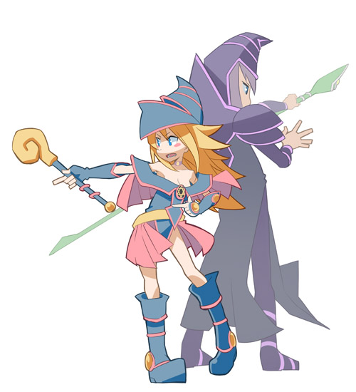 1boy 1girl bare_shoulders blonde_hair blue_eyes blue_footwear blush_stickers breasts choker cleavage commentary_request dark_magician dark_magician_girl duel_monster gloves hat hexagram hitohautsu holding holding_weapon long_hair pentacle pentagram staff wand weapon wizard_hat yu-gi-oh! yuu-gi-ou yuu-gi-ou_duel_monsters