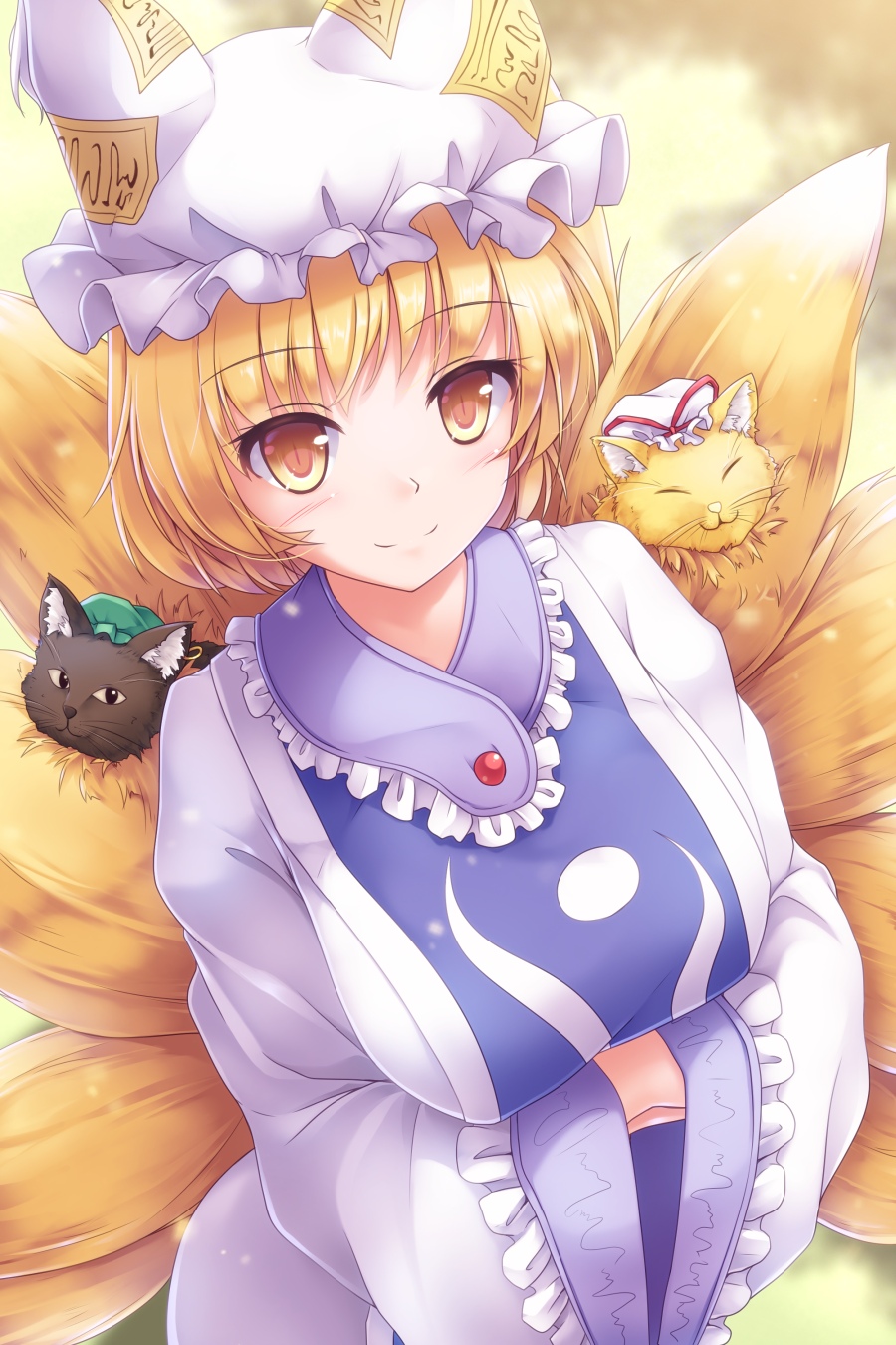 1girl :3 animal animal_ear_fluff animal_ears animalization bangs black_cat black_eyes blurry blurry_background blush breasts brown_eyes cat chen chen_(cat) closed_eyes closed_mouth commentary dress earrings eyebrows_visible_through_hair fox_ears fox_girl frills green_hat hands_in_opposite_sleeves hat hat_ribbon highres jewelry large_breasts long_sleeves lzh mob_cap multiple_tails ofuda peeking_out pillow_hat red_ribbon ribbon shiny shiny_hair short_hair slit_pupils smile tabard tail touhou whiskers white_dress white_hat yakumo_ran yakumo_yukari yellow_eyes