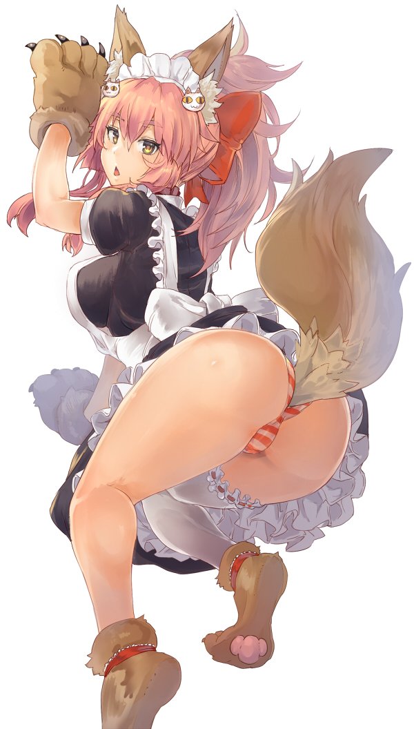1girl animal_ear_fluff animal_ears apron ass bangs bow breasts cat_hair_ornament cat_paws collar dress eyebrows_visible_through_hair fate/extra fate/grand_order fate_(series) fox_ears fox_tail frills gloves hair_between_eyes hair_bow hair_ornament hips large_breasts legs long_hair looking_at_viewer looking_back maid maid_apron maid_headdress open_mouth panties paw_gloves paw_shoes paws pink_hair ponytail puffy_short_sleeves puffy_sleeves red_bow red_panties shoes short_sleeves sidelocks simple_background single_thighhigh solo striped striped_panties sumisu_(mondo) tail tamamo_(fate)_(all) tamamo_cat_(fate) thigh-highs thighs underwear white_background white_legwear yellow_eyes