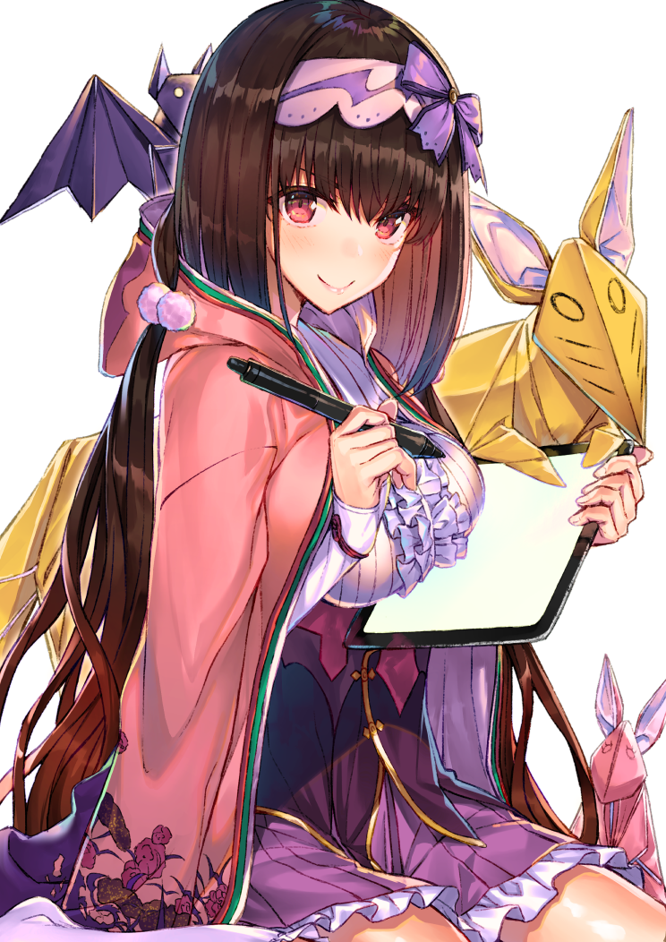 &gt;:) 1girl bangs bat black_hair bow breasts center_frills cloak commentary_request drawing_tablet eyebrows_visible_through_hair fate/grand_order fate_(series) floral_print fox frilled_shirt frilled_skirt frills hair_bobbles hair_bow hair_ornament hairband hakuishi_aoi holding_stylus hood hood_down hooded_cloak large_breasts long_hair long_sleeves low_twintails origami osakabe-hime_(fate/grand_order) pink_lips print_cloak purple_bow purple_skirt rabbit shirt simple_background sitting skirt sleeves_past_wrists smile solo stylus tablet twintails very_long_hair violet_eyes white_background white_shirt