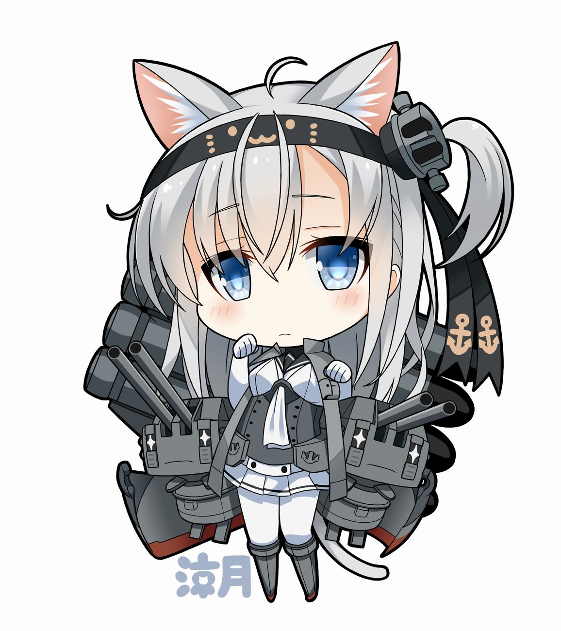 1girl ahoge animal_ears blue_eyes cat_ears chibi chou-10cm-hou-chan_(suzutsuki's) commentary_request gloves hachimaki headband highres kantai_collection kemonomimi_mode long_hair looking_at_viewer machinery pantyhose paw_pose pleated_skirt school_uniform serafuku silver_hair simple_background skirt soba_(sobaya1938) suzutsuki_(kantai_collection) translated turret white_background white_gloves white_legwear