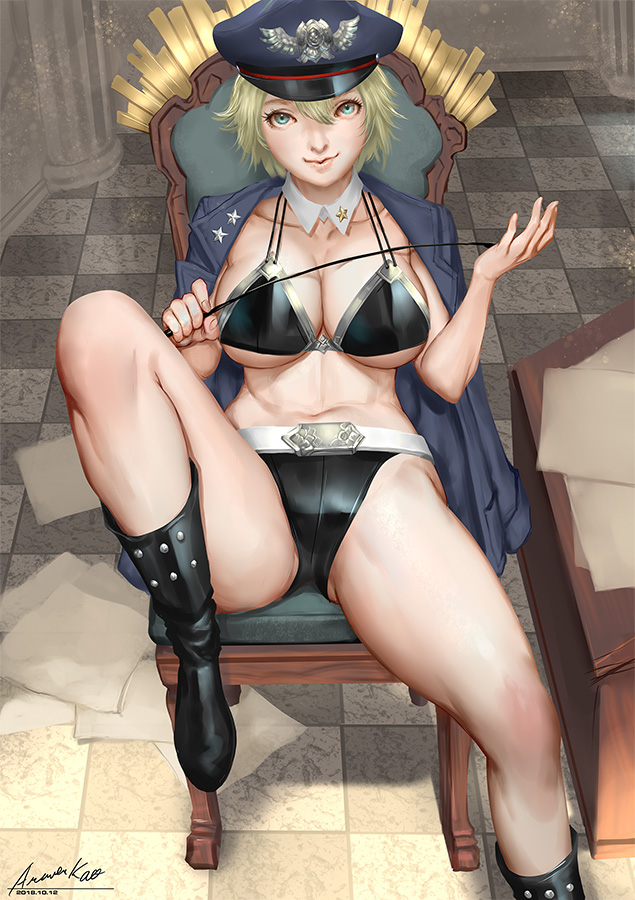 1girl ariverkao bikini black_bikini blonde_hair blue_eyes breasts dated detached_collar hat jacket large_breasts looking_at_viewer open_clothes open_jacket original short_hair signature sitting smile solo swimsuit whip