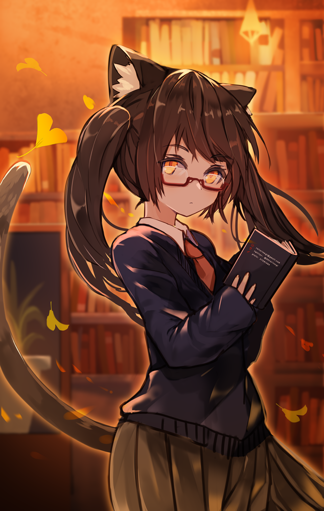 1girl animal_ear_fluff animal_ears bangs black_skirt blue_sweater blush book bookshelf brown_hair cat_ears cat_girl cat_tail closed_mouth collared_shirt commentary_request eyebrows_visible_through_hair ginkgo ginkgo_leaf glasses hands_up holding holding_book long_sleeves looking_at_viewer looking_to_the_side necktie open_book orange_eyes orange_neckwear original pleated_skirt red-framed_eyewear rk_(rktorinegi) semi-rimless_eyewear shirt skirt sleeves_past_wrists solo standing sweater tail tail_raised twintails under-rim_eyewear white_shirt