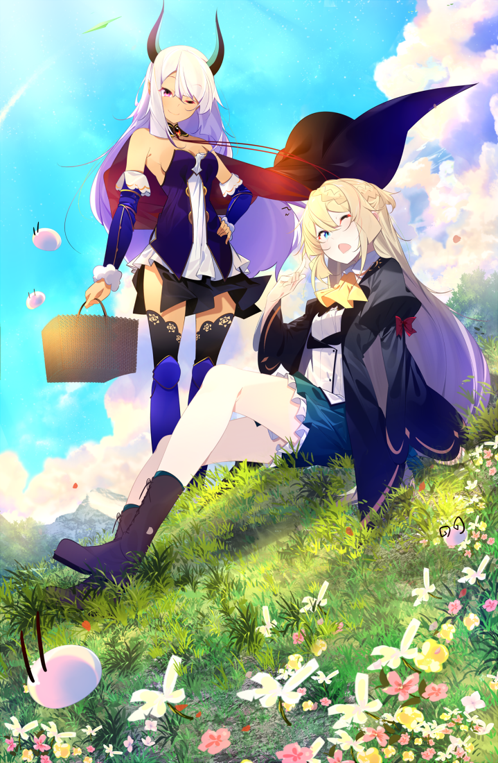 2girls ;d arm_warmers bare_shoulders benio_(dontsugel) black_footwear black_legwear black_skirt blonde_hair blue_eyes blue_legwear blue_skirt blue_sky boots cape clouds copyright_request day detached_collar grass hand_on_hip horns long_hair long_sleeves looking_at_viewer multiple_girls official_art one_eye_closed open_mouth pale_skin picnic_basket puffy_long_sleeves puffy_sleeves red_cape sitting skirt sky smile standing tan very_long_hair white_hair yellow_neckwear