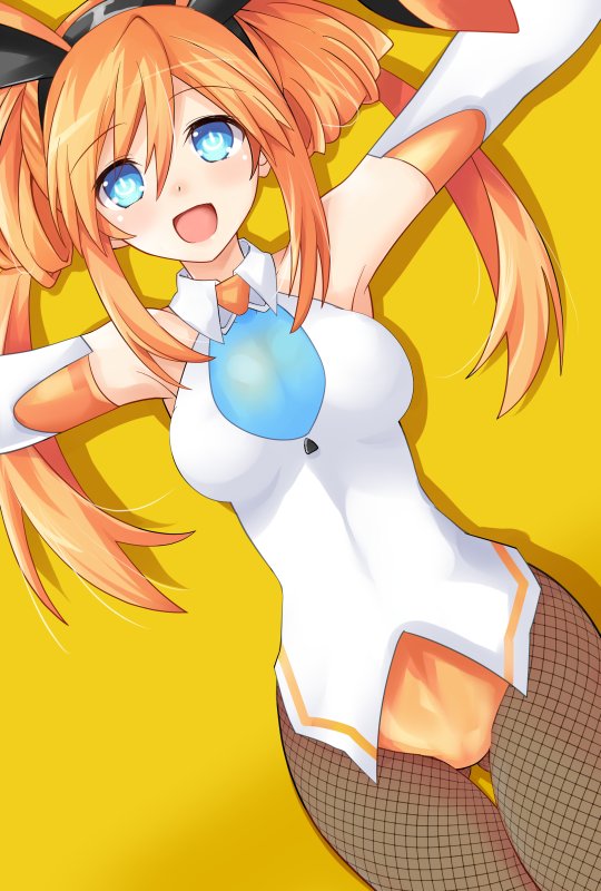 1girl :d animal_ears armpits arms_up bare_shoulders blue_eyes blush breasts commentary_request cowboy_shot elbow_gloves fishnet_pantyhose fishnets gloves hair_between_eyes hips iwasi-r leotard long_hair looking_at_viewer medium_breasts neptune_(series) open_mouth orange_hair orange_heart pantyhose power_symbol rabbit_ears shin_jigen_game_neptune_vii simple_background skin_tight smile solo symbol-shaped_pupils thigh_gap twintails