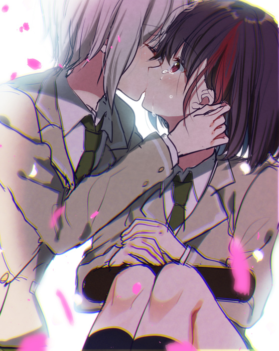 2girls aoba_moka bang_dream! black_hair black_legwear blazer blush bow bowtie closed_eyes confetti diploma green_neckwear grey_hair grey_jacket haneoka_school_uniform jacket kiss knees_up long_sleeves mitake_ran mizukikushou multicolored_hair multiple_girls redhead short_hair streaked_hair tears violet_eyes yuri