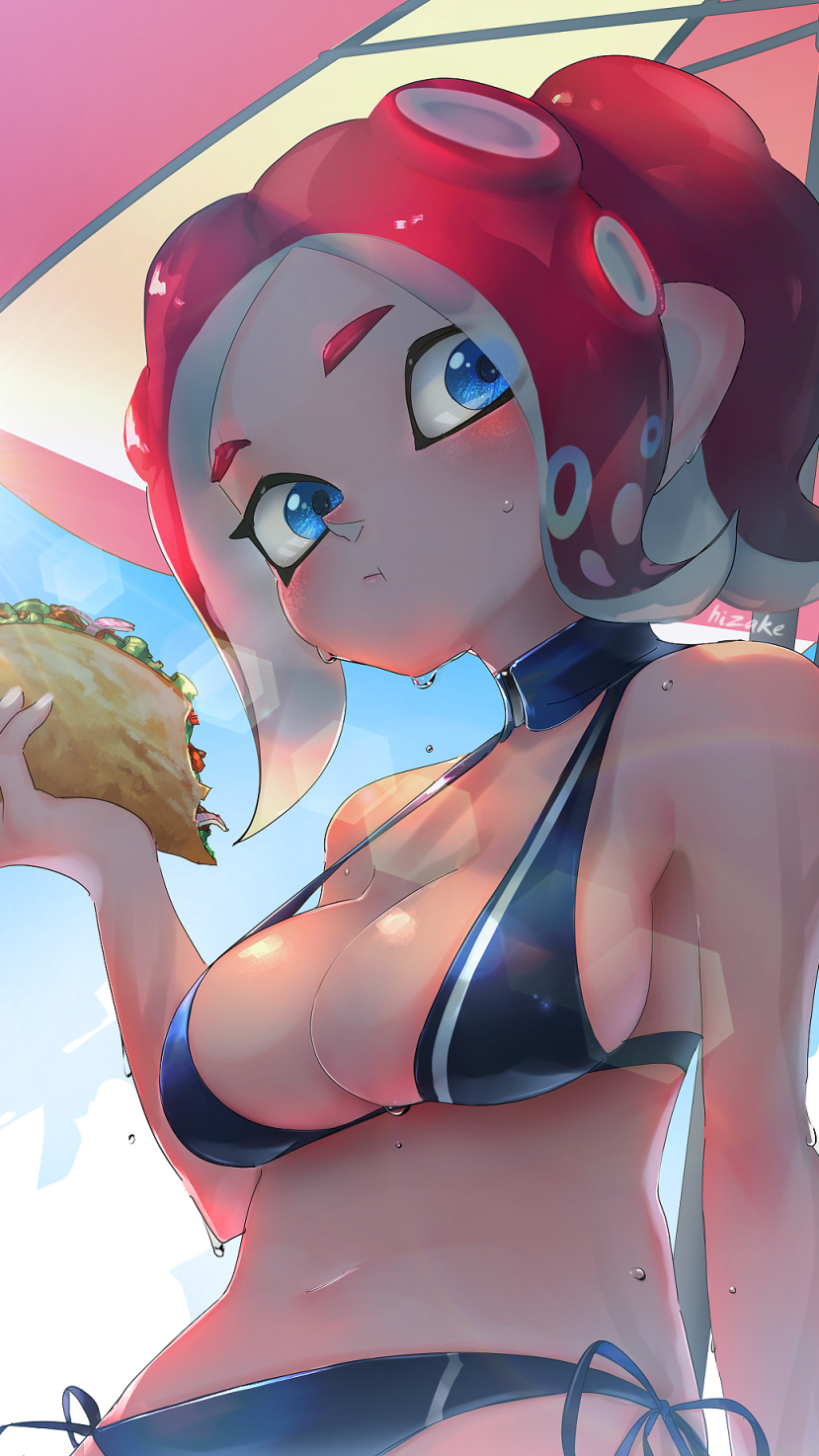 1girl :t agent_8 arm_at_side bikini bite_mark black_bikini blue_bikini blue_eyes blue_sky blush breasts closed_mouth clouds day eating fingernails food from_below halter_top halterneck highres holding holding_food kashu_(hizake) lens_flare looking_at_viewer medium_breasts medium_hair monster_girl navel nintendo octarian octoling outdoors parasol pointy_ears redhead shade shiny shiny_hair shiny_skin side-tie_bikini sideways_glance signature sky solo splatoon splatoon_2 splatoon_2:_octo_expansion stomach suction_cups sunlight sweat swimsuit taco tentacle_hair umbrella water_drop wet