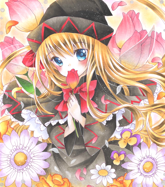 1girl bangs black_dress black_hat blonde_hair blue_eyes blush bow bowtie capelet commentary covering_mouth daisy dress eyebrows_visible_through_hair fairy_wings floating_hair floral_background flower hat head_tilt holding holding_flower lily_black lily_white long_hair long_sleeves looking_at_viewer marker_(medium) mizame pansy petals red_bow solo touhou traditional_media tulip very_long_hair wide_sleeves wings