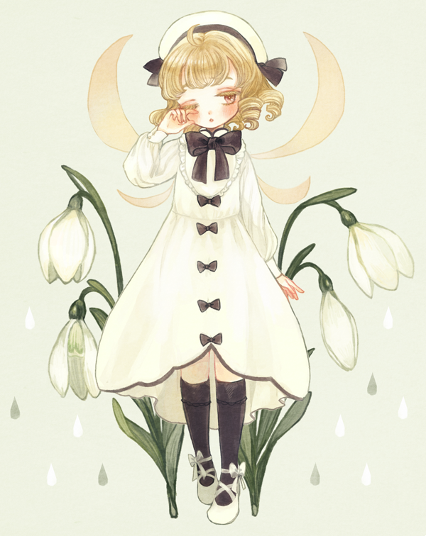 1girl ahoge bangs beige_background black_bow black_legwear blonde_hair blush boots bow bowtie brown_eyes colored_eyelashes dress drill_hair fairy_wings floral_background flower full_body hat knee_boots long_sleeves luna_child medium_hair one_eye_closed parted_lips puffy_long_sleeves puffy_sleeves rubbing_eyes shoes simple_background snowdrop_(flower) solo standing touhou white_dress white_flower white_footwear white_hat wings yujup