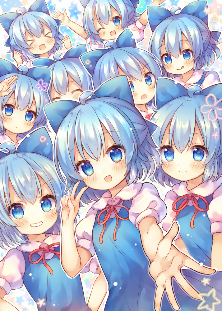 &gt;_&lt; 6+girls :d ;d ahoge arm_up arms_up bangs blue_bow blue_dress blue_eyes blue_hair blush bow cirno closed_eyes closed_mouth collared_shirt commentary_request dress dress_shirt eyebrows_visible_through_hair fingernails grin hair_between_eyes hair_bow hands_up multiple_girls multiple_persona neck_ribbon one_eye_closed open_mouth pjrmhm_coa puffy_short_sleeves puffy_sleeves red_ribbon ribbon shirt short_hair short_sleeves sleeveless sleeveless_dress smile touhou v white_shirt xd