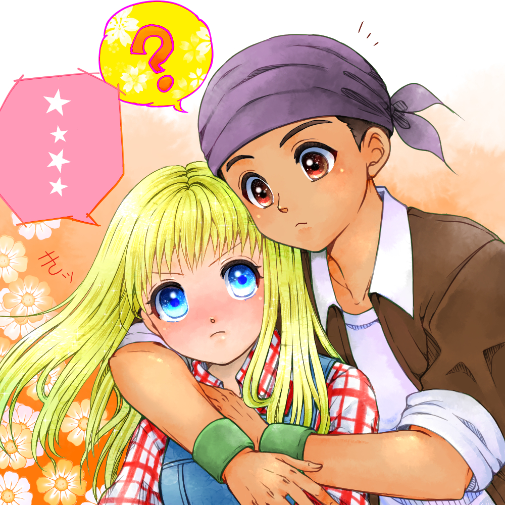 1boy 1girl ? angry bandanna blonde_hair blue_eyes blush claire_(harvest_moon) couple dark_skin harvest_moon hug hug_from_behind kai_(harvest_moon) kazuma_hoshinomisaki long_hair overalls plaid plaid_shirt red_eyes shirt wristband