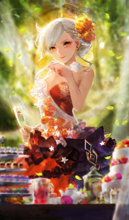 1girl ahoge alternate_costume bare_shoulders breasts cake champagne_flute cleavage commentary craft_essence cup dress drinking_glass earrings fate/grand_order fate_(series) flower food hair_flower hair_ornament hair_up jewelry kamiya_miwo large_breasts looking_at_viewer multicolored multicolored_clothes multicolored_dress official_art olga_marie_animusphere orange_dress orange_eyes purple_dress solo strapless strapless_dress white_hair