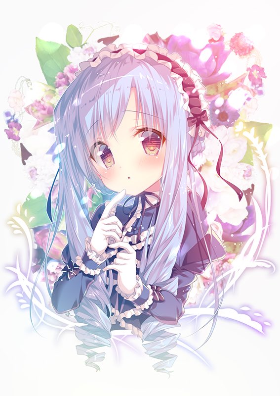 1girl :o aria_(sister_princess) bangs black_ribbon blue_hair blush braid chin_strap commentary_request curly_hair eyebrows_visible_through_hair floral_background frilled_hairband frilled_shirt_collar frilled_sleeves frills gloves hairband index_finger_raised juliet_sleeves long_hair long_sleeves looking_at_viewer mitsumomo_mamu puffy_sleeves purple_hair ribbon sidelocks sister_princess solo upper_body violet_eyes white_gloves