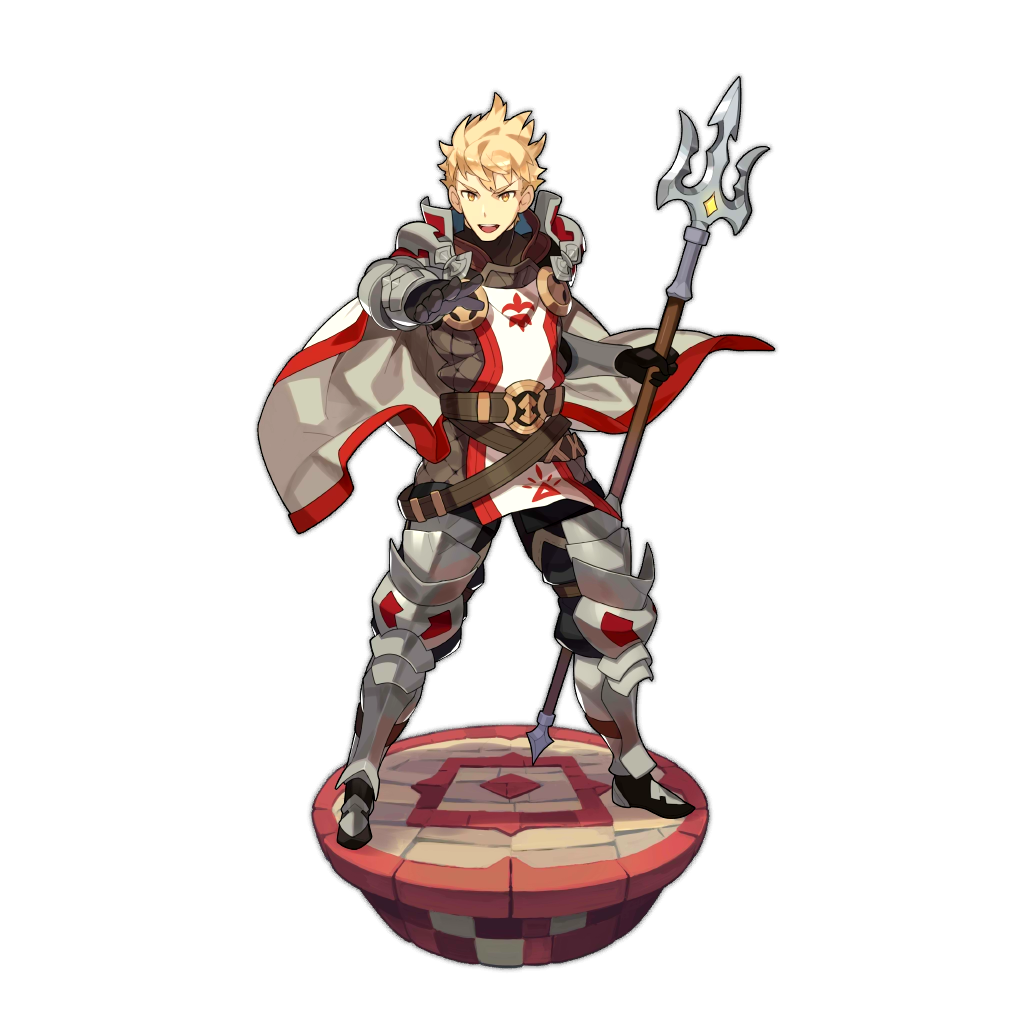 1boy alain_(dragalia_lost) armor artist_request belt blonde_hair cape dragalia_lost emblem game_cg holding holding_weapon lance looking_at_viewer official_art pointing pointing_at_viewer polearm short_hair weapon yellow_eyes