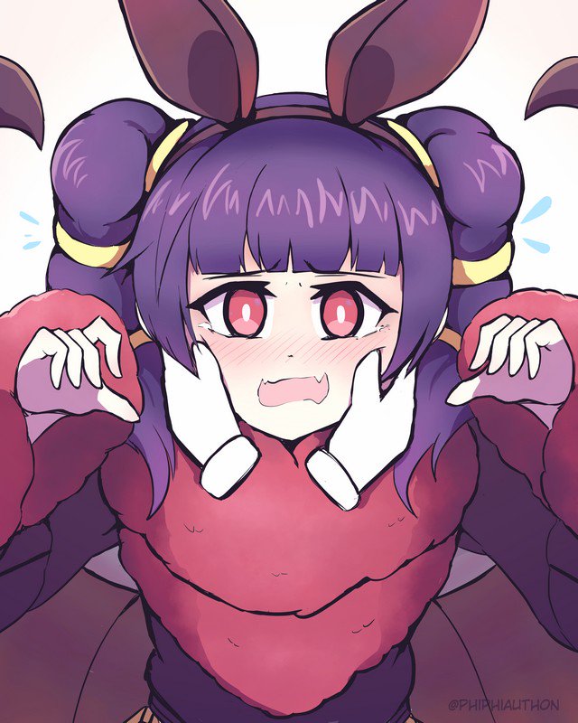 1girl animal_ears bat_ears blush disembodied_limb fake_animal_ears fire_emblem fire_emblem:_seima_no_kouseki fire_emblem_heroes fur_trim halloween_costume hands_on_another's_face long_hair mamkute multi-tied_hair myrrh nintendo open_mouth phiphi-au-thon purple_hair red_eyes simple_background solo_focus twintails twitter_username white_background