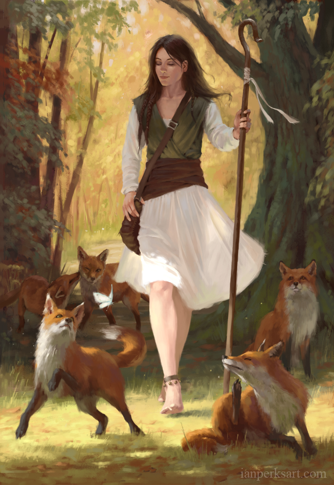 1girl animal ankle_bell anklet bag barefoot bell braiding_hair brown_hair closed_eyes dress feet forest fox hairdressing ianperks jewelry nature original realistic satchel shepherd shepherd's_crook staff walking