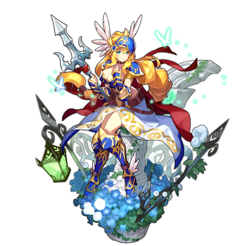 aleen armor armored_boots armored_dress artist_request blonde_hair blue_eyes boots breasts bug butterfly cape cleavage dragalia_lost flower game_cg helmet insect lance long_hair official_art polearm tagme weapon