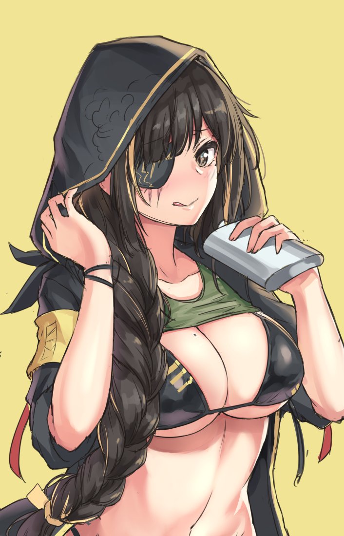 1girl adapted_costume armband bangs bikini black_bikini black_hair blonde_hair blush braid breasts cenangam cleavage collarbone eyepatch girls_frontline holding_flask hood hood_up hooded_jacket jacket large_breasts licking_lips long_hair looking_at_viewer m16a1_(girls_frontline) mole mole_on_breast mole_under_eye multicolored_hair navel open_clothes open_jacket scar simple_background sleeves_rolled_up solo stomach streaked_hair swimsuit tank_top tank_top_lift tongue tongue_out wristband yellow_background
