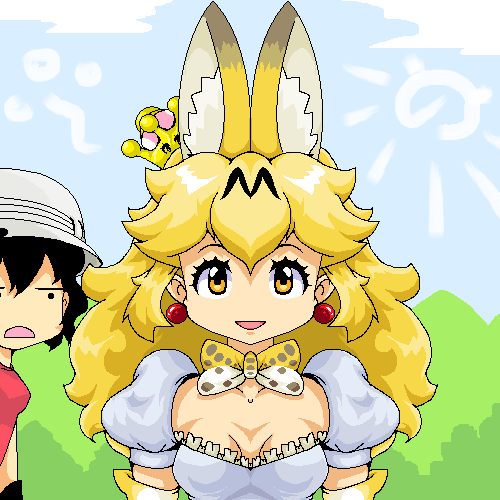 2girls animal_ear_fluff animal_ears black_hair blonde_hair bow bowtie collarbone crossover earrings elbow_gloves gloves helmet jewelry kaban_(kemono_friends) kemono_friends long_hair looking_at_viewer lowres super_mario_bros. multicolored_hair multiple_girls new_super_mario_bros._u_deluxe nintendo open_mouth parody pith_helmet puffy_short_sleeves puffy_sleeves red_earrings rf serval_(kemono_friends) serval_ears serval_print short_hair short_sleeves super_crown tareme tokyo_mx two-tone_hair upper_body