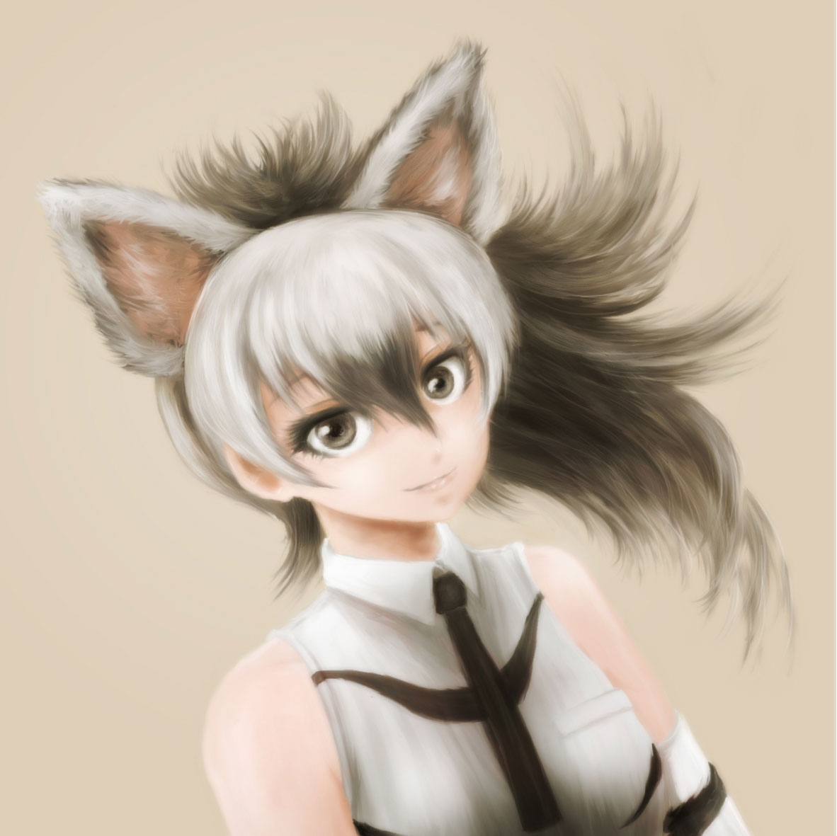 1girl aardwolf_(kemono_friends) aardwolf_ears aardwolf_girl bangs bare_shoulders beige_background black_hair black_neckwear breast_pocket breasts closed_mouth collared_shirt commentary_request eyelashes kemono_friends light_smile long_hair looking_at_viewer multicolored_hair necktie pocket realistic sepia shirt short_necktie sleeveless sleeveless_shirt solo stealstitaniums two-tone_hair upper_body white_hair white_shirt wing_collar