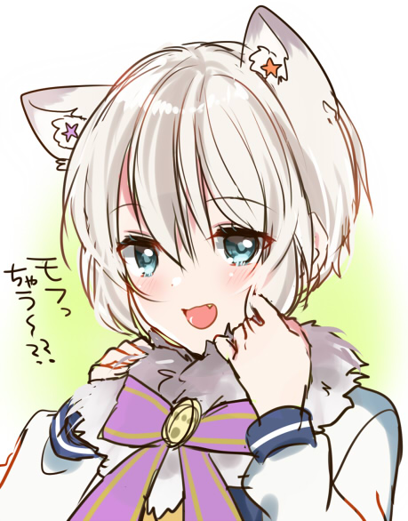 1girl :d animal_ears aoba_moca bang_dream! bangs blue_eyes blush bow bowtie brooch cat_ears fang hands_up jewelry kemonomimi_mode long_sleeves looking_at_viewer mizukikushou open_mouth purple_neckwear short_hair sketch smile solo star striped_neckwear translated upper_body white_hair