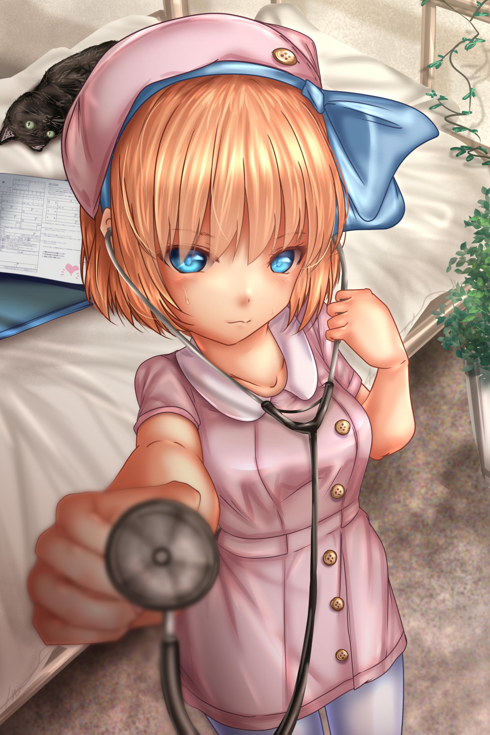 1girl alice_margatroid alternate_costume bangs beret blonde_hair blue_eyes blue_hairband blurry blurry_background bow cat closed_mouth collared_dress commentary_request cowboy_shot day depth_of_field dress eyebrows_visible_through_hair foreshortening futon hairband hat hat_bow highres holding ivy looking_at_viewer outdoors pantyhose pink_dress pink_hat plant short_dress short_hair short_sleeves shounen_(hogehoge) smile solo standing stethoscope sweatdrop touhou white_legwear