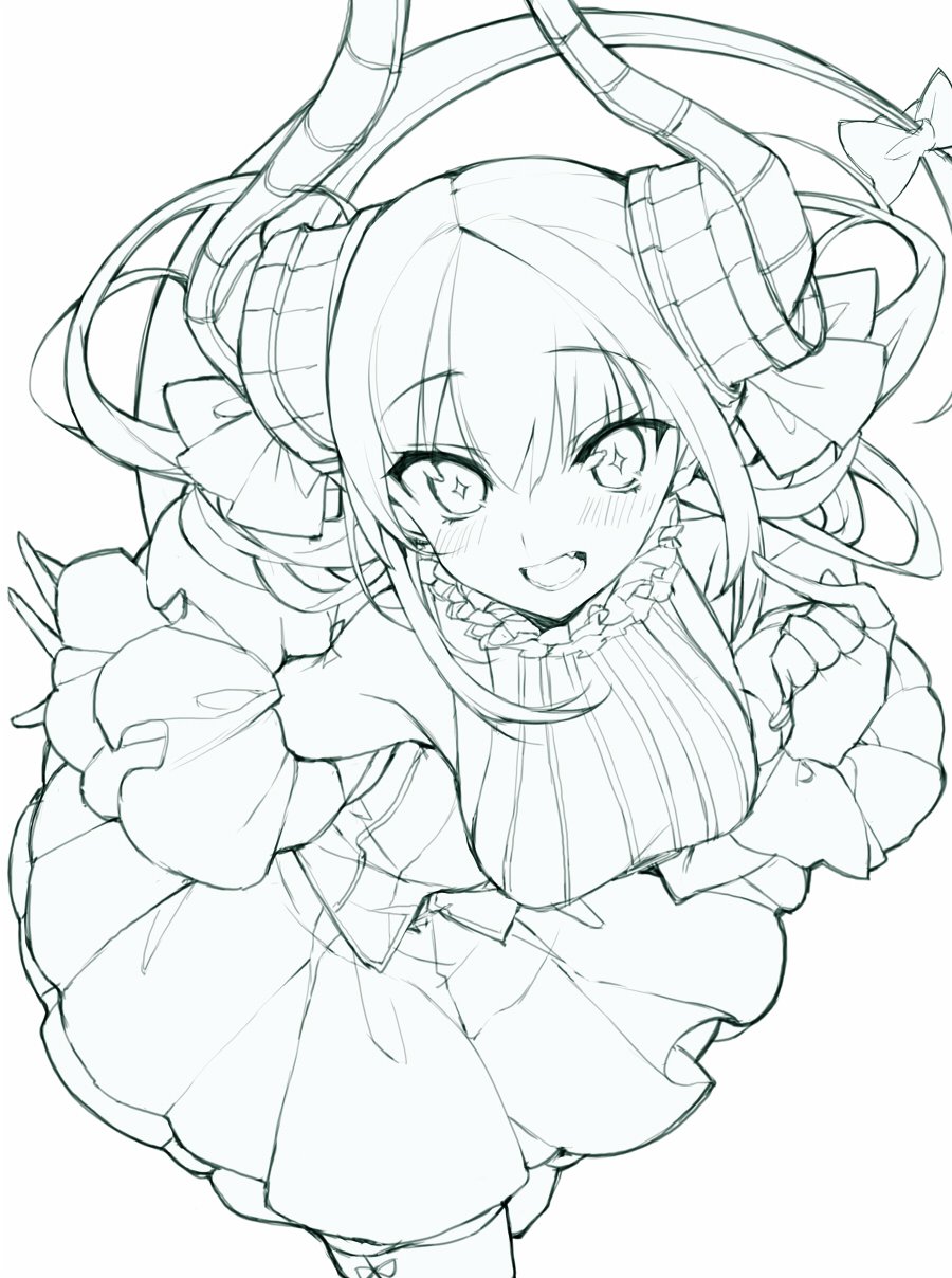 asymmetrical_horns curled_horns dragon_girl dragon_horns dragon_tail dress elizabeth_bathory_(fate) elizabeth_bathory_(fate)_(all) fate/extra fate/extra_ccc fate_(series) greyscale haruyuki_(yukichasoba) highres horns lineart monochrome star star-shaped_pupils symbol-shaped_pupils tail