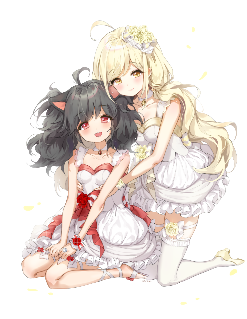 2girls :d ahoge animal_ears bangs bare_arms bare_shoulders black_hair blonde_hair blush bow breasts brown_eyes cat_ears closed_mouth collarbone commission dress eyebrows_visible_through_hair fingernails flower frilled_legwear hair_flower hair_ornament head_tilt high_heels highres jewelry kneeling long_hair mullpull multiple_girls open_mouth original petals red_eyes red_flower red_rose ring rose rose_petals round_teeth sandals scrunchie shoes simple_background sleeveless sleeveless_dress small_breasts smile teeth thigh-highs upper_teeth very_long_hair white_background white_bow white_dress white_footwear white_legwear white_scrunchie wrist_scrunchie yellow_flower yellow_footwear yellow_rose