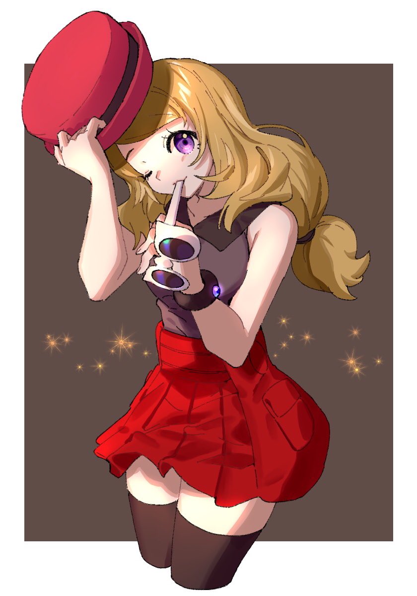 1girl ankea_(a-ramo-do) bangs black_legwear blonde_hair breasts cowboy_shot creatures_(company) eyewear_removed game_freak hat hat_removed headwear_removed holding holding_hat looking_at_viewer mouth_hold nintendo one_eye_closed pleated_skirt pokemon pokemon_(game) pokemon_xy red_skirt serena_(pokemon) skirt smile solo sunglasses thigh-highs thighs wristband