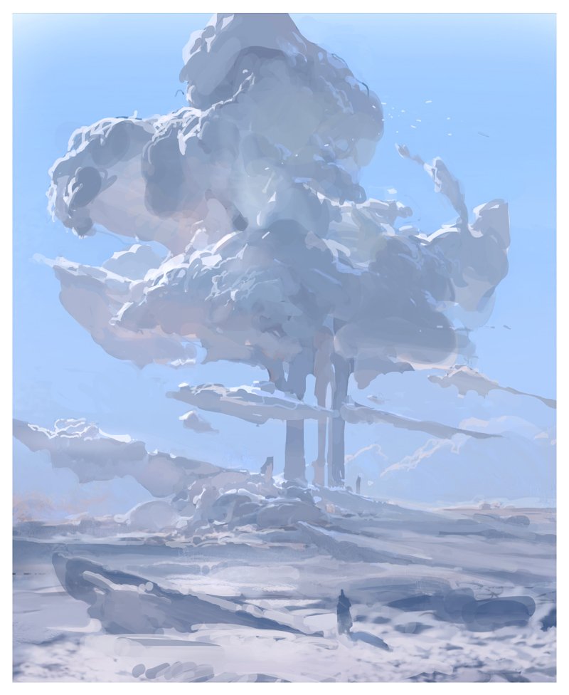 1boy blue_background blue_sky clouds landscape min_yum mountain original shadow sketch sky solo