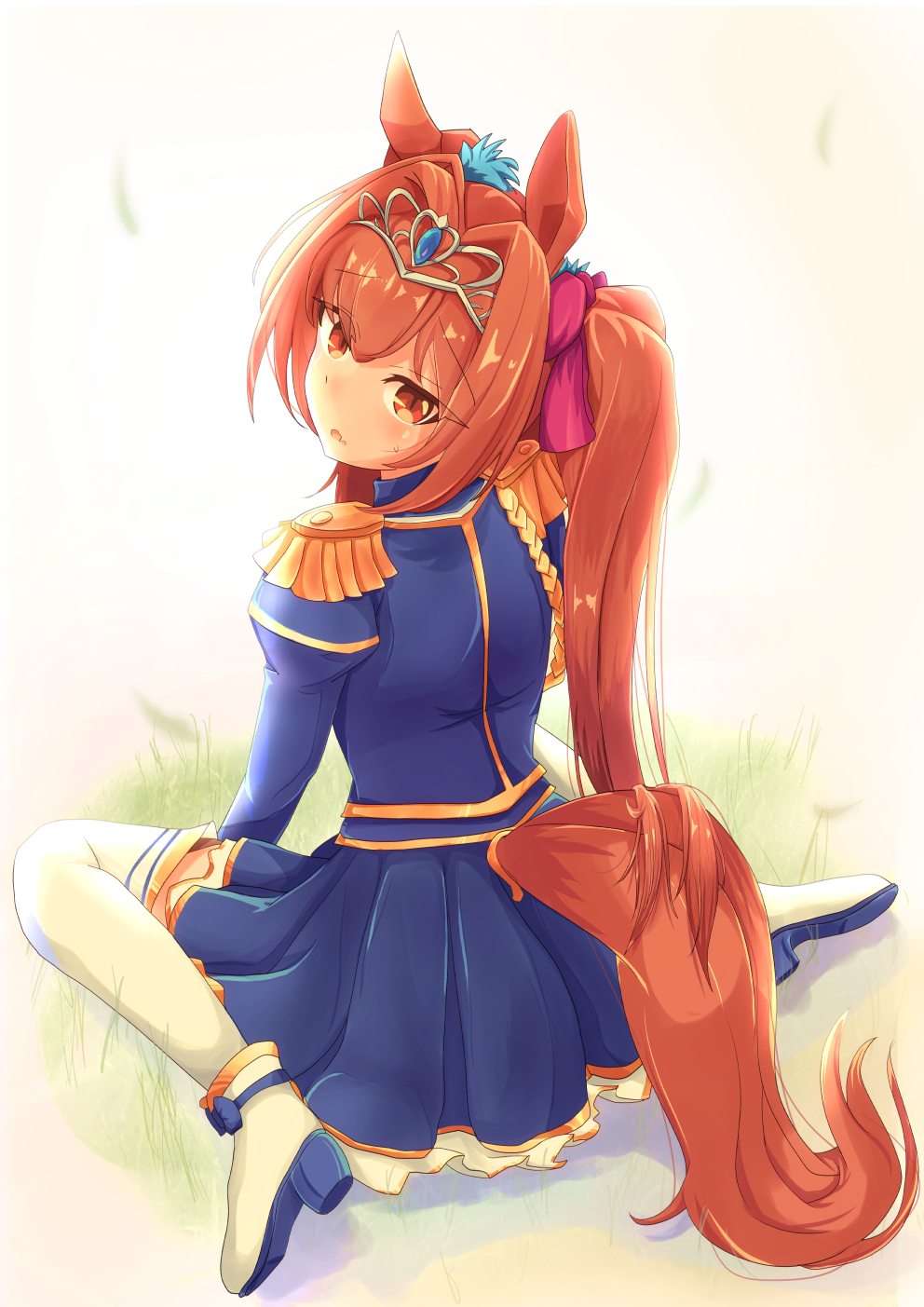 1girl animal_ears autumn_leaves_(tail_fox) blue_skirt blush boots bow breasts brown_hair daiwa_scarlet eyebrows_visible_through_hair fang grass hair_bow hair_intakes highres horse_ears horse_girl horse_tail large_breasts long_hair looking_at_viewer looking_back open_mouth red_eyes simple_background sitting skirt solo tail thigh-highs tiara twintails umamusume very_long_hair white_footwear white_legwear