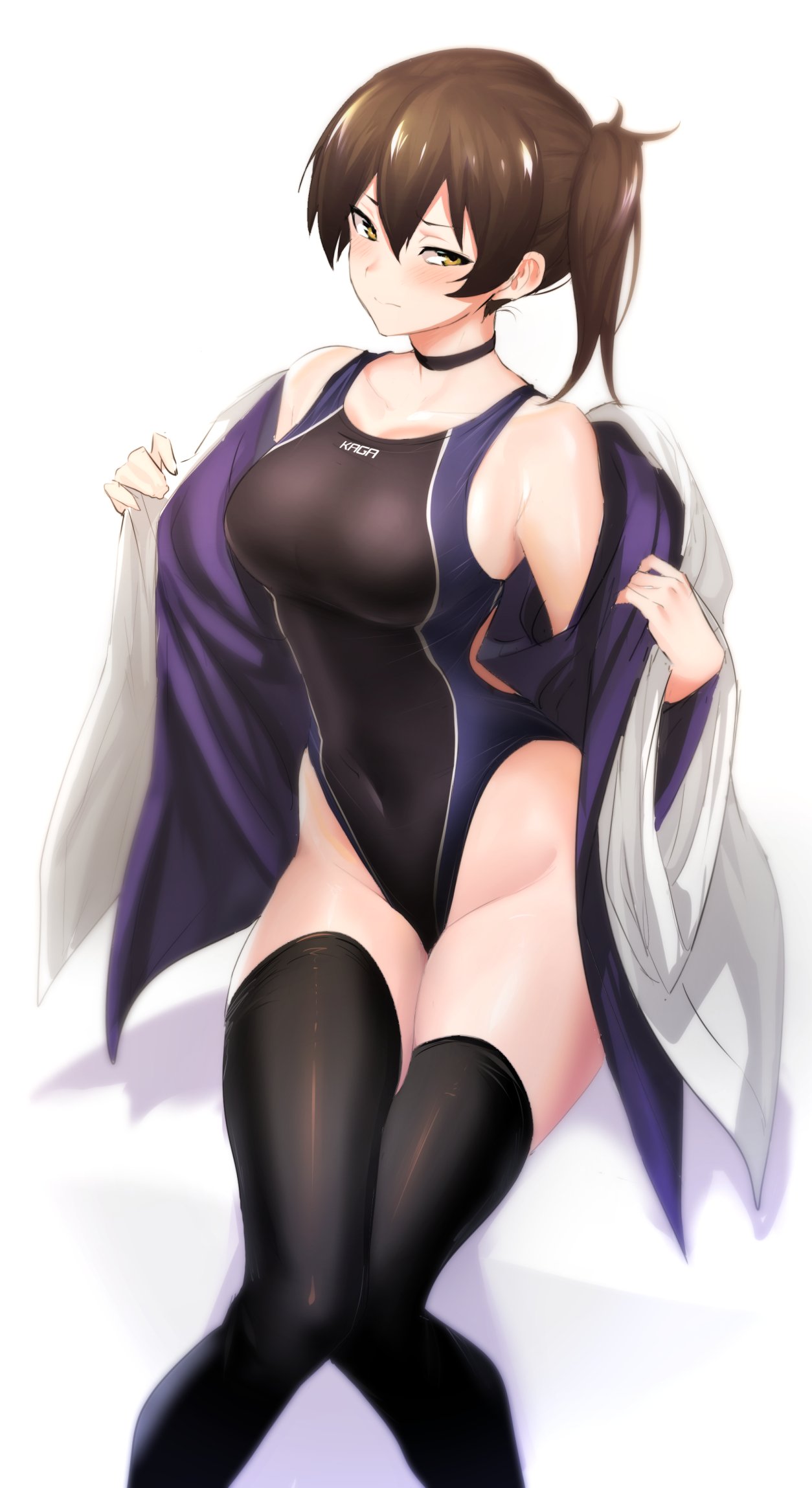 1girl bangs bare_shoulders black_legwear black_swimsuit blue_swimsuit blush breasts brown_eyes brown_hair character_name choker closed_eyes collarbone competition_swimsuit covered_navel hair_between_eyes highleg highleg_swimsuit highres hips jacket kaga_(kantai_collection) kantai_collection large_breasts long_hair looking_at_viewer off_shoulder one-piece_swimsuit open_clothes open_jacket side_ponytail simple_background sitting solo swimsuit thigh-highs thighs two-tone_swimsuit ulrich_(tagaragakuin) waist white_background white_jacket wide_sleeves