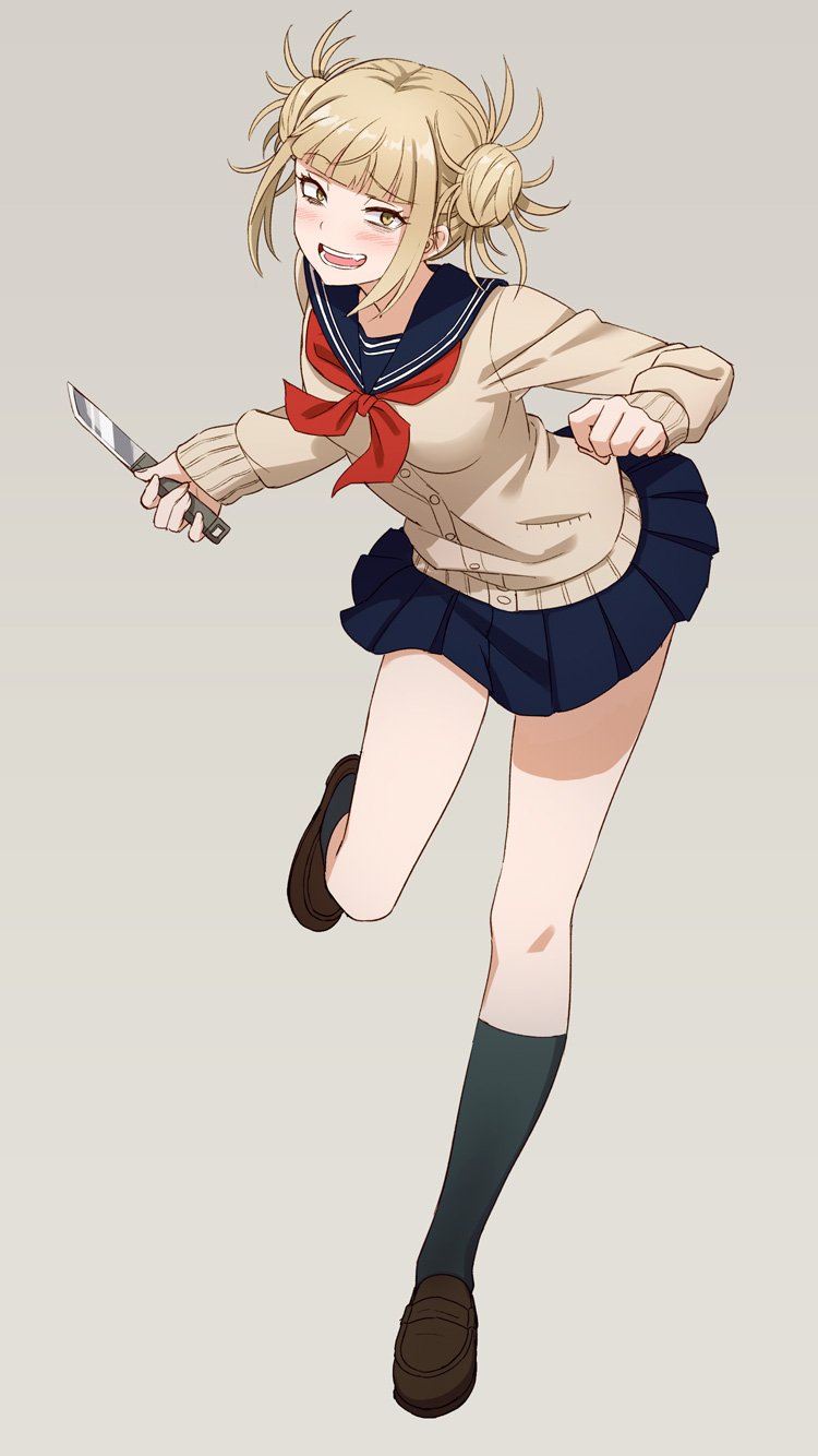 1girl black_legwear blonde_hair blue_skirt blush boku_no_hero_academia breasts double_bun eyebrows_visible_through_hair full_body highres holding holding_knife hyuuga_azuri kneehighs knife long_sleeves looking_at_viewer medium_breasts neckerchief open_mouth red_neckwear sailor_collar short_hair skirt smile solo teeth toga_himiko yellow_eyes