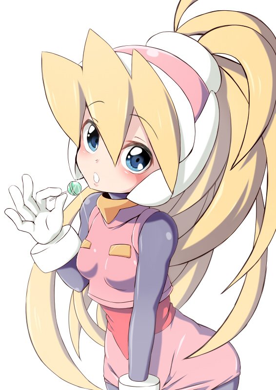 1girl blonde_hair blue_eyes blush breasts candy ciel_(rockman) cowboy_shot eyebrows_visible_through_hair food gloves hair_between_eyes headgear high_ponytail holding holding_lollipop leaning_forward lollipop long_hair open_mouth pink_skirt ponytail rockman rockman_zero semikichi simple_background skirt small_breasts solo white_background white_gloves