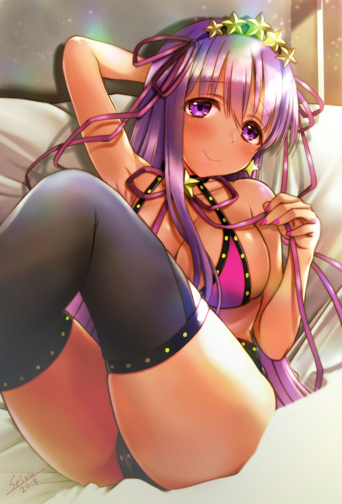 1girl arm_behind_head arm_up bangs bb_(fate)_(all) bb_(swimsuit_mooncancer)_(fate) bed_sheet bikini black_bikini_bottom black_hairband black_legwear blush breasts cleavage closed_mouth collarbone dated earrings eyebrows_visible_through_hair fate/grand_order fate_(series) hair_between_eyes hairband head_tilt hijiri_ruka jewelry large_breasts long_hair lying mismatched_bikini nail_polish on_back purple_bikini_top purple_hair purple_ribbon ribbon signature smile solo star star_earrings swimsuit thigh-highs very_long_hair violet_eyes