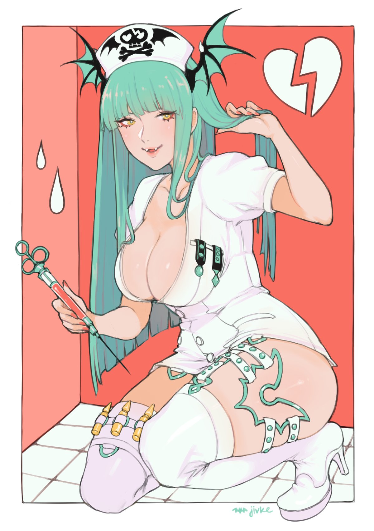 1girl bangs blunt_bangs boots breasts cleavage collarbone commentary demon_girl dress english_commentary eyeshadow fangs green_hair hat head_wings high_heel_boots high_heels highres holding holding_hair jivke large_breasts long_hair makeup morrigan_aensland nail_polish nurse nurse_cap open_clothes pink_nails short_dress short_sleeves smile solo squatting succubus syringe thigh-highs tile_floor tiles vampire_(game) white_dress wings