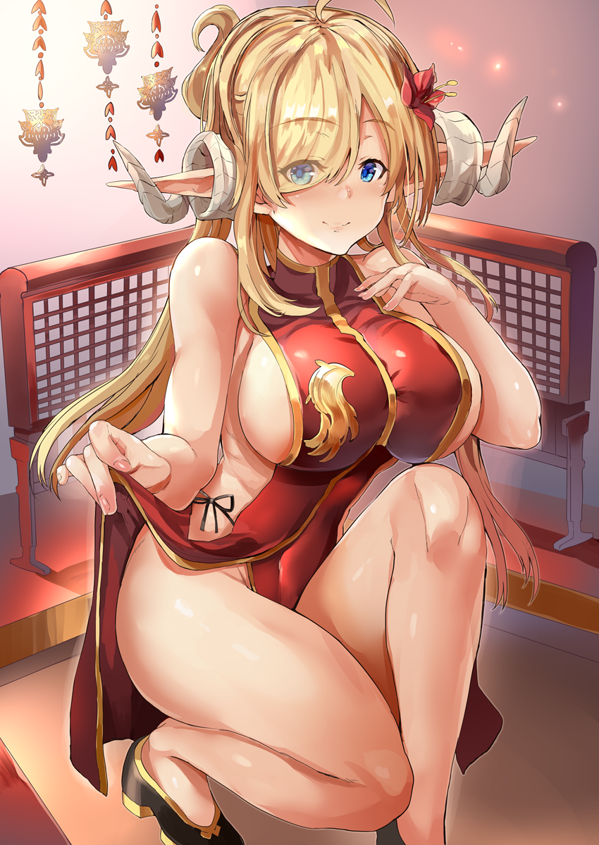 1girl ahoge blonde_hair blue_eyes breasts china_dress chinese_clothes commentary_request covered_navel dress fingernails flower hair_flower hair_ornament hair_over_one_eye hand_on_own_chest highres himuro_(dobu_no_hotori) horns indoors large_breasts long_hair looking_at_viewer one_eye_covered original pointy_ears sideboob sitting smile solo thighs