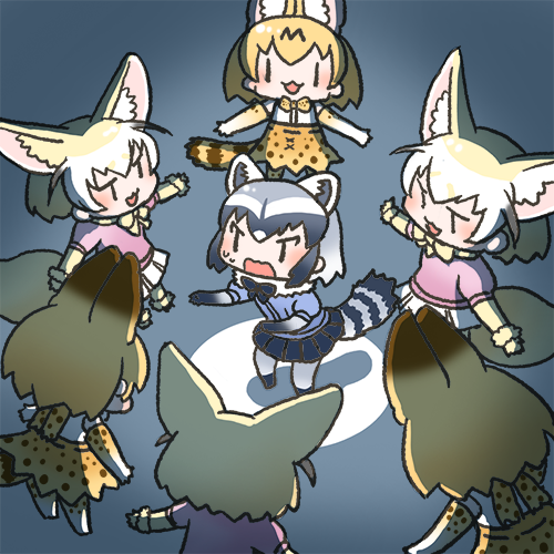 6+girls :3 :d animal_ears blonde_hair blush chibi commentary_request common_raccoon_(kemono_friends) elbow_gloves fennec_(kemono_friends) fox_ears fox_tail from_behind gloves grey_hair inukoro_(spa) kemono_friends lowres multiple_girls open_mouth raccoon_ears raccoon_tail serval_(kemono_friends) serval_ears serval_print serval_tail smile tail |_|