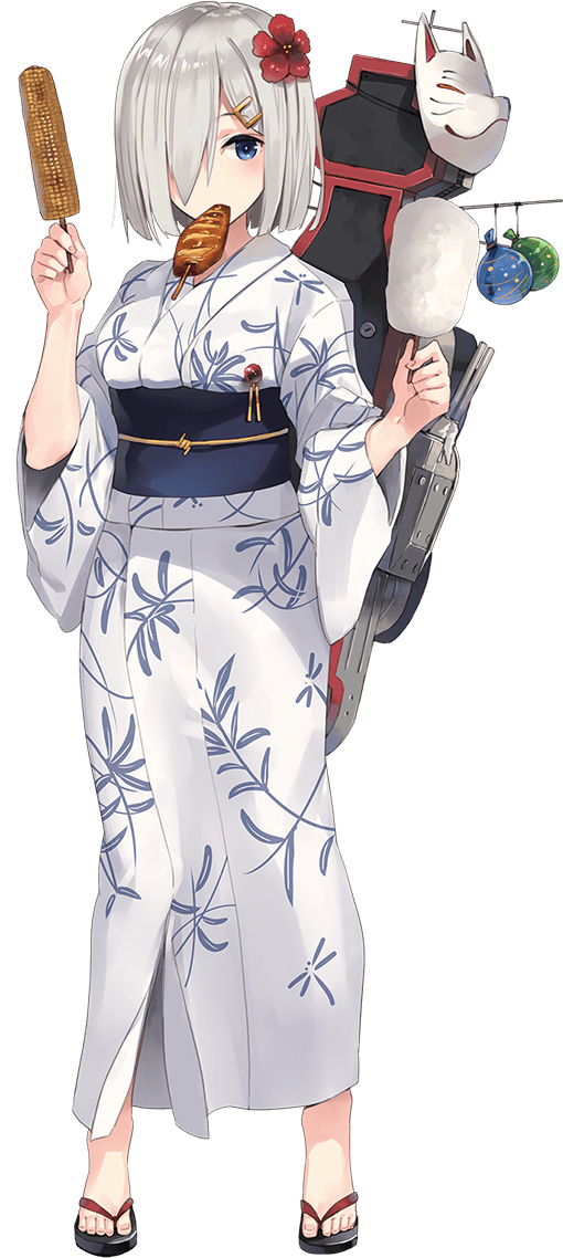 1girl bag blue_eyes breasts corn cotton_candy doll flower full_body hamakaze_(kantai_collection) japanese_clothes kantai_collection kimono large_breasts mask no_socks official_art paseri sandals silver_hair solo transparent_background yukata