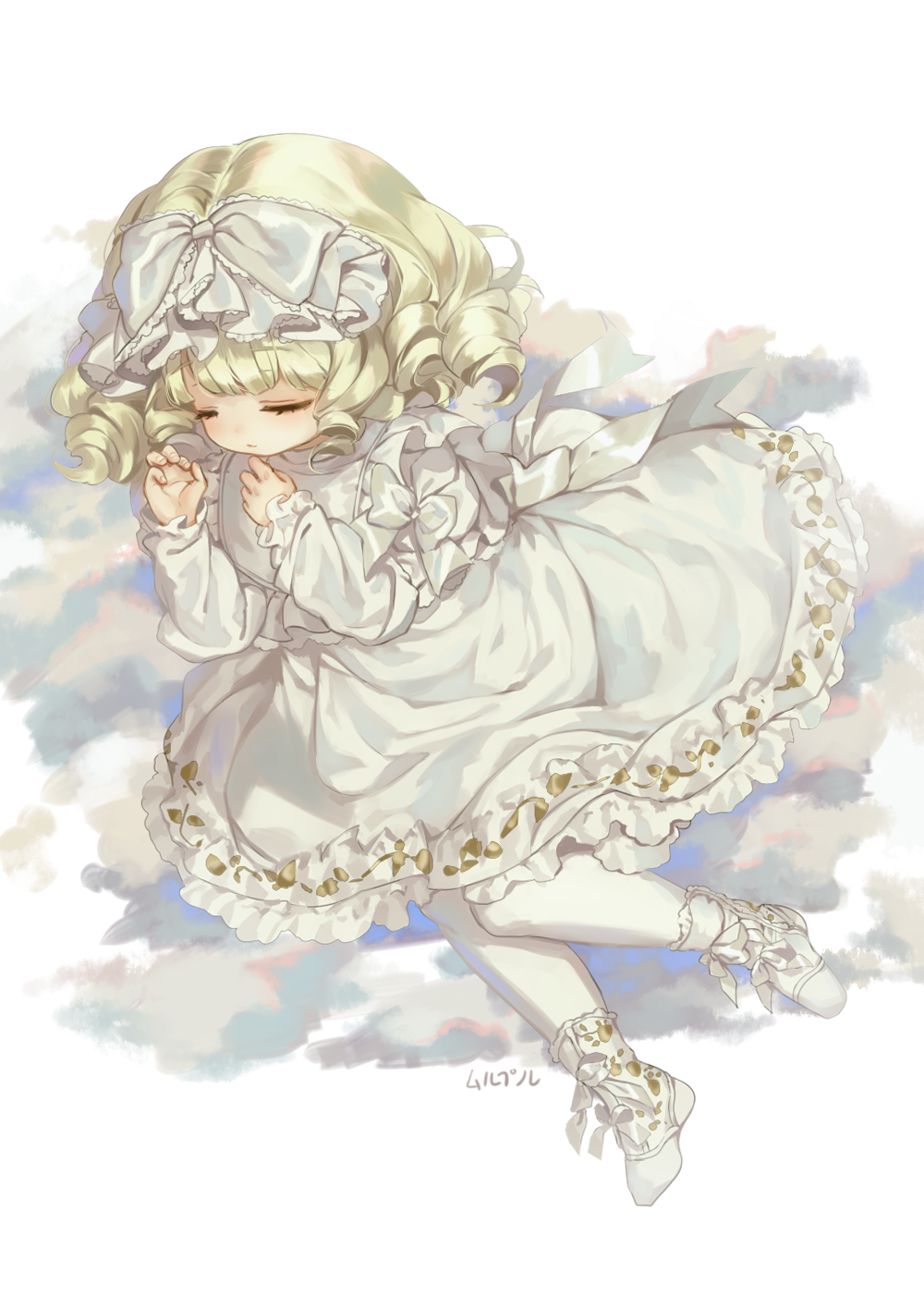 1girl artist_name bangs blonde_hair blush boots bow closed_eyes closed_mouth clouds dress eyebrows_visible_through_hair fingernails frilled_dress frills full_body hair_bow hands_up highres hina_ichigo knees_together_feet_apart lolita_fashion long_sleeves lying mullpull on_side pantyhose ringlets rozen_maiden short_hair signature simple_background solo white white_background white_bow white_dress white_footwear white_legwear