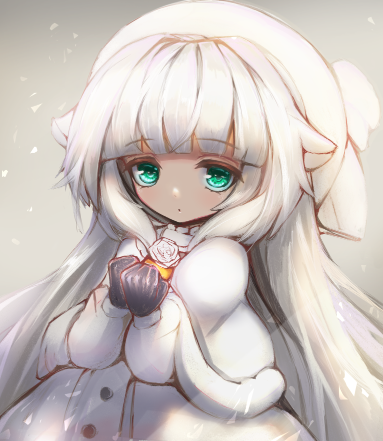 1girl capelet clenched_hands flower gloves green_eyes hair_flaps hat long_hair looking_at_viewer merry_milk nijisanji rose snowing very_long_hair virtual_youtuber white_flower white_hair white_rose winter_clothes yk_ksdh4582