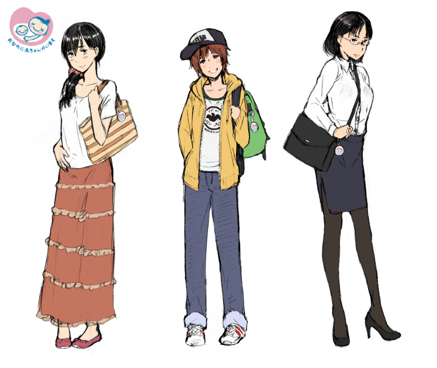 3girls backpack bag baseball_cap black_hair black_legwear blouse breasts brown_hair denim flat_chest flats glasses handbag hat high_heels hood hoodie jeans long_hair maternity_mark medium_breasts medium_hair multiple_girls original pants pencil_skirt pregnant shirt shoes short_hair skirt small_breasts sneakers t-shirt yanagida_fumita