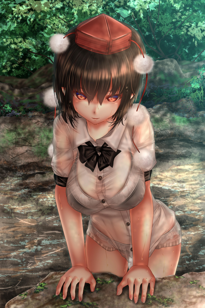 1girl arm_support bangs black_bra black_hair black_neckwear black_panties bow bowtie bra breasts commentary_request cowboy_shot dappled_sunlight day dress_shirt hat highres large_breasts leaning_forward looking_at_viewer no_pants outdoors panties parted_lips pointy_ears red_eyes see-through shameimaru_aya shirt short_hair short_sleeves shounen_(hogehoge) smile solo standing sunlight tokin_hat touhou underwear wet wet_hair white_shirt