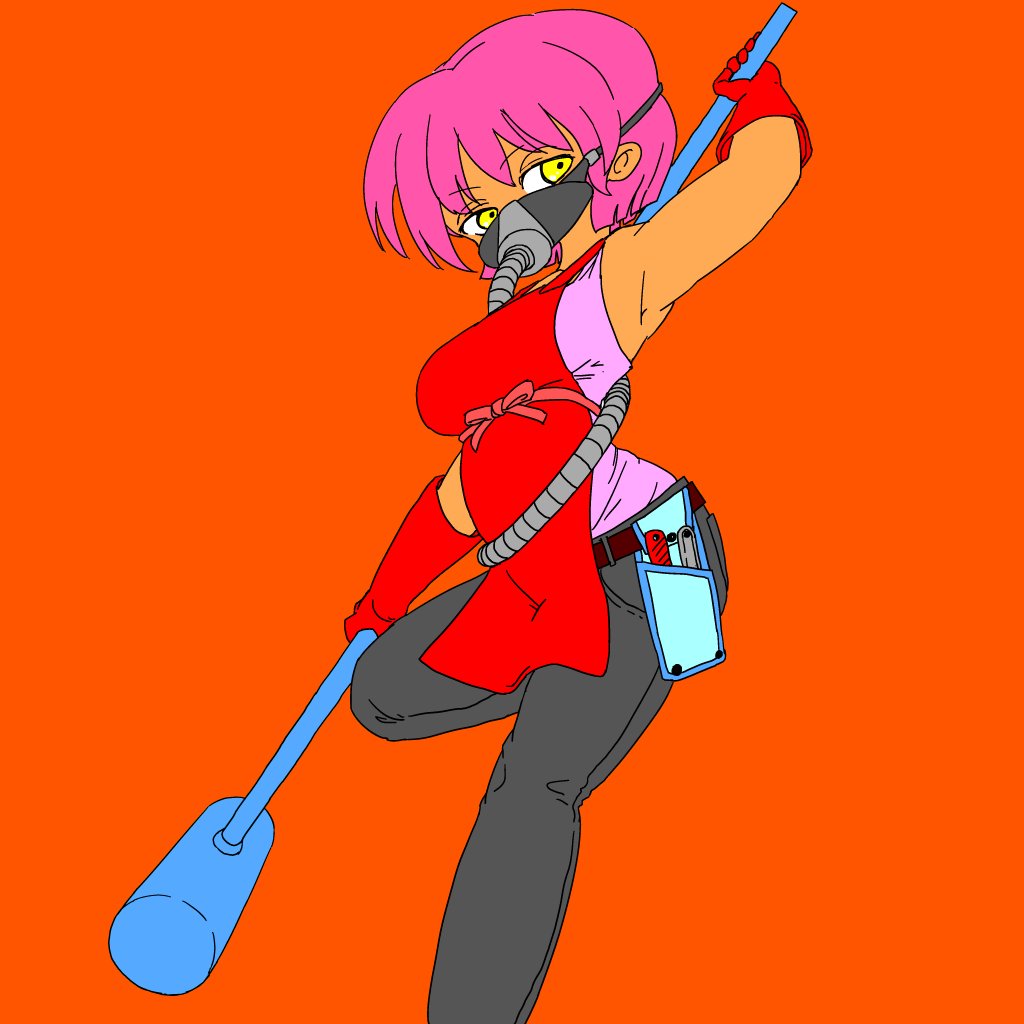 1girl apron armpits breasts cowboy_shot eyebrows_visible_through_hair gas_mask gloves gobori grey_pants holding holding_mallet large_breasts leg_up mallet mask original pants purple_hair red_apron red_background red_gloves short_hair simple_background sleeveless solo yellow_eyes