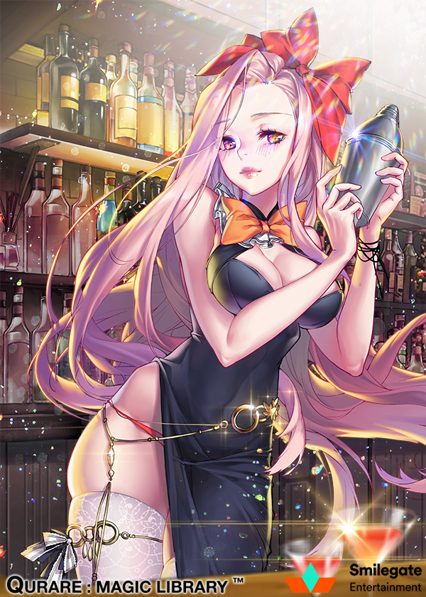 1girl bartender black_dress blush bottle bow breasts brown_eyes cleavage_cutout cocktail_glass company_name copyright_name covered_navel cup dress drinking_glass glint hair_bow hands_up indoors long_hair looking_at_viewer medium_breasts o-ring official_art orange_bow orange_neckwear pink_hair qurare_magic_library red_bow shelf sparkle standing thigh-highs very_long_hair white_legwear wine_bottle xxinainaxx