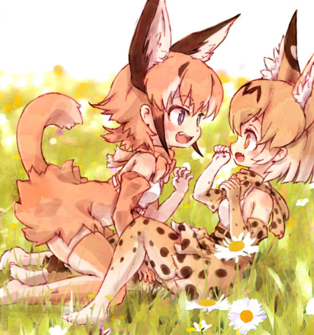 2girls animal_ear_fluff animal_ears bare_shoulders blonde_hair blue_eyes bow bowtie caracal_(kemono_friends) caracal_ears caracal_tail commentary_request elbow_gloves eyebrows_visible_through_hair fang gloves high-waist_skirt highres kemono_friends kneeling kolshica light_brown_hair multicolored_hair multiple_girls no_shoes open_mouth paw_pose serval_(kemono_friends) serval_ears serval_print serval_tail short_hair sitting skirt sleeveless tail thigh-highs white_hair yellow_eyes zettai_ryouiki