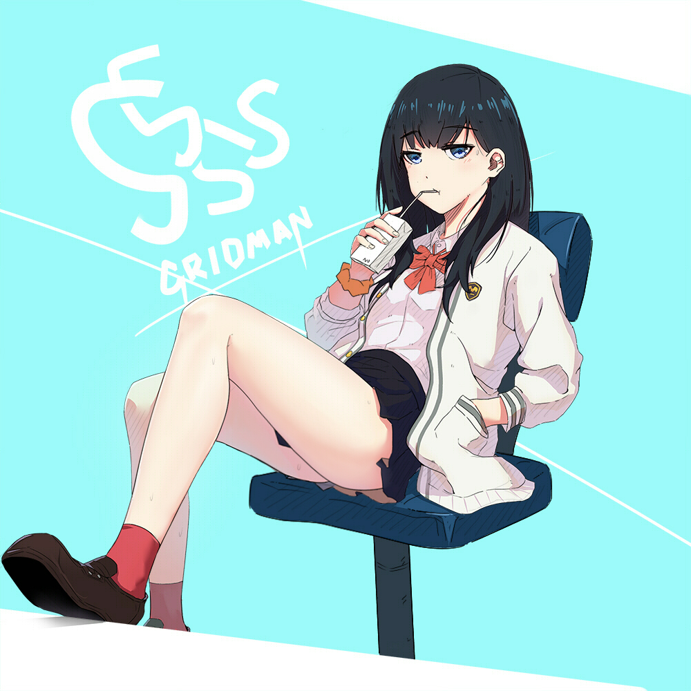 1girl ass bangs black_hair black_skirt blue_eyes bored bow cardigan chair czcz12321 drinking drinking_straw eyebrows_visible_through_hair half-closed_eyes hand_in_pocket jacket juice_box legs loafers long_hair long_sleeves looking_at_viewer miniskirt office_chair open_clothes open_jacket orange_scrunchie pleated_skirt red_bow red_legwear school_uniform scrunchie shirt shoes sitting skirt solo ssss.gridman sweat takarada_rikka thighs white_jacket white_shirt wrist_scrunchie